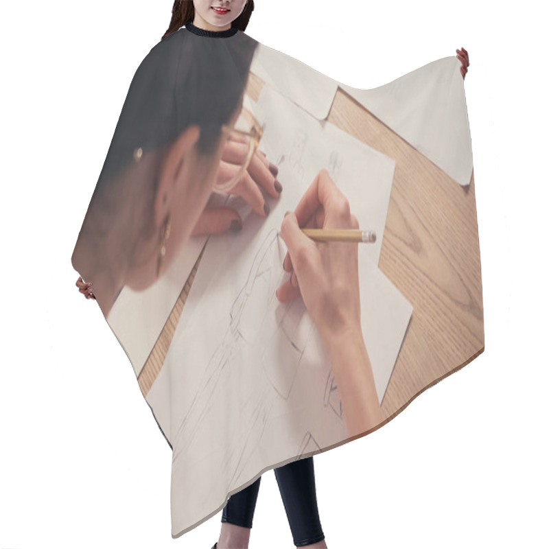 Personality  Top View Of Designer Drawing Sketches In Atelier  Hair Cutting Cape