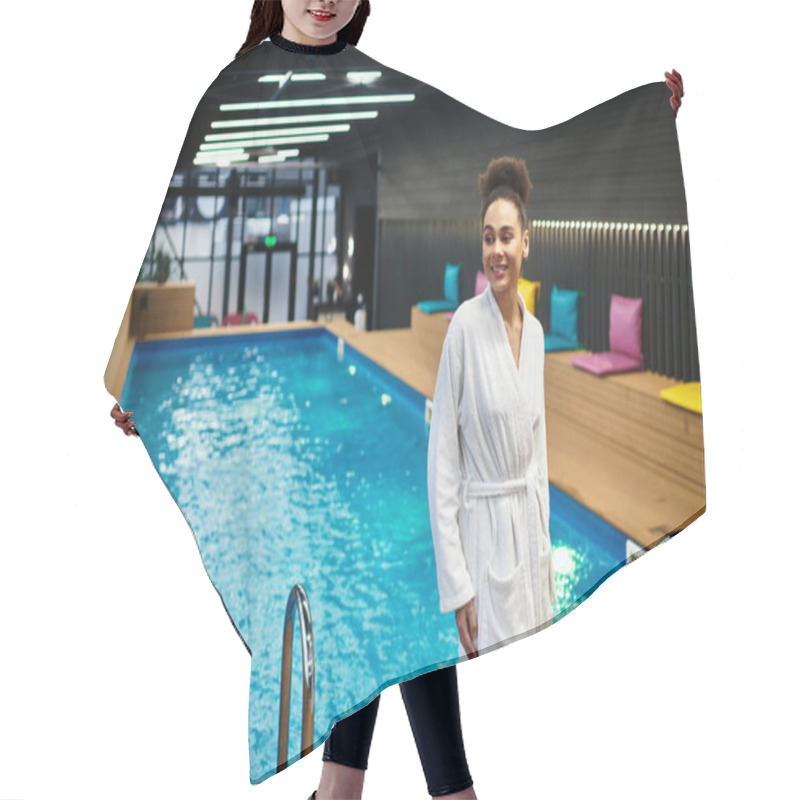 Personality  A Young Woman Relaxes In A Luxurious Spa, Radiating Joy Beside A Vibrant Blue Pool. Hair Cutting Cape