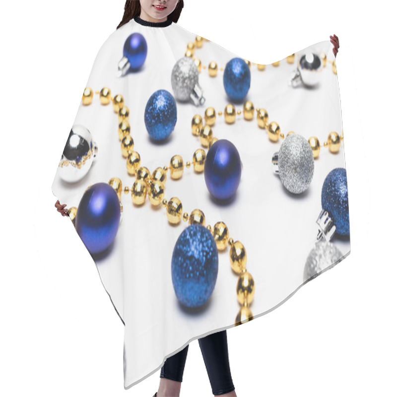 Personality  Blue, Silver And Golden Christmas Decoration On White Background Hair Cutting Cape