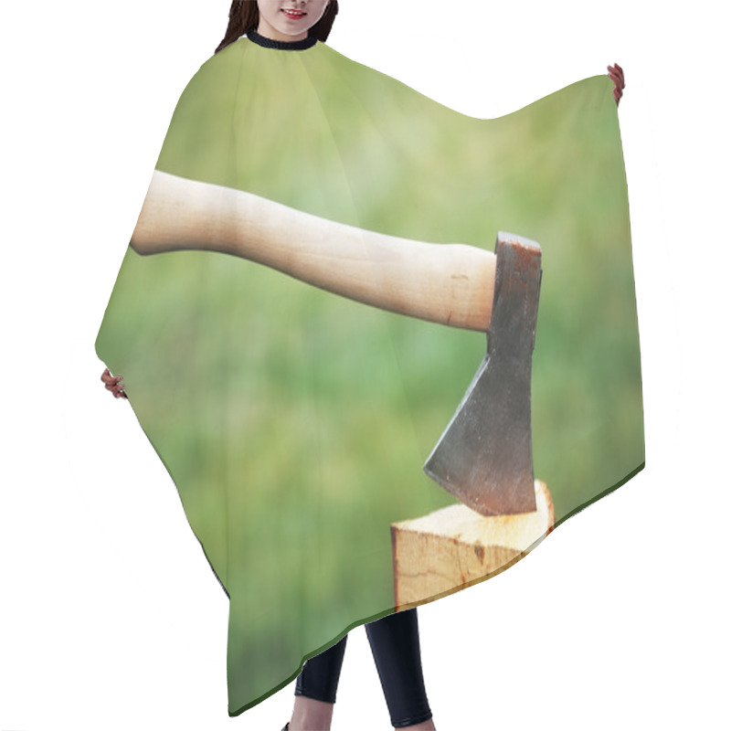 Personality  Axe In A Log On The Background Of Green Grass Hair Cutting Cape