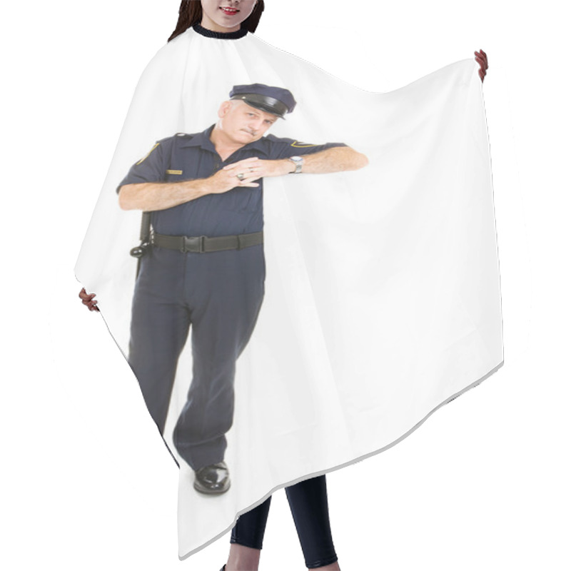 Personality  Policeman Leaning On White Space Hair Cutting Cape