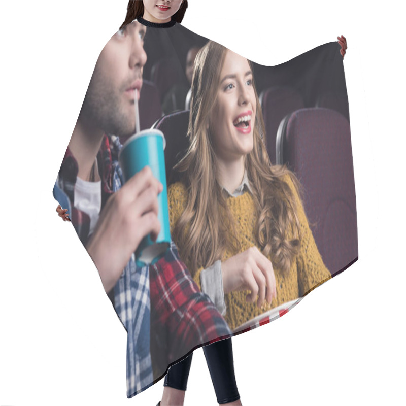 Personality  Young Couple With Popcorn Watching Movie In Cinema Hair Cutting Cape