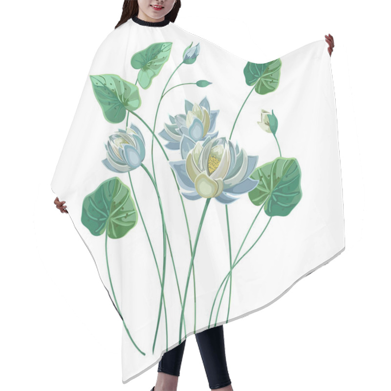 Personality  Composition Of Blue Lotus Flower With Green Leaves In Hand Drawn Style Pastel Colors.Realistic Vector Lily, Waterlily Isolated On White Background Hair Cutting Cape