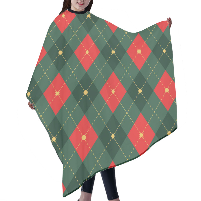 Personality  Seamless Argyle Plaid Christmas Pattern. Traditional Scottish Ornament With Green, Red Rhombus. Yellow Dashed Stroke. Background With Diamonds And Octagonal Stars. Fabric Texture. Vector Illustration. Hair Cutting Cape