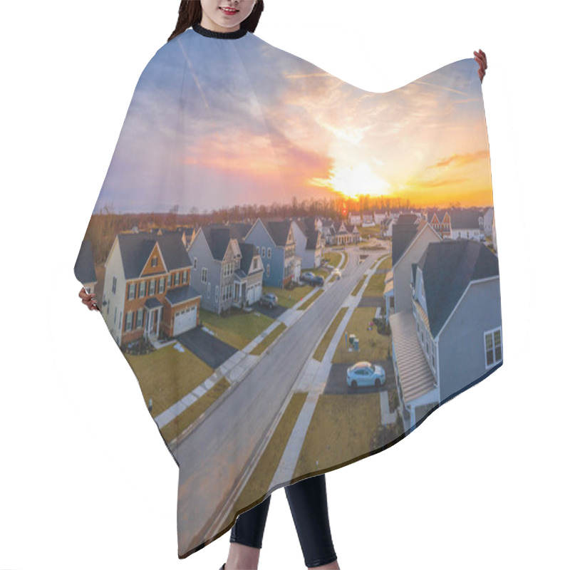 Personality  Aerial View Of A Row Of Multi Story Single Family Homes Real Estate Properties In A New Residential Suburban Neighborhood Street In Maryland USA With Dramatic Colorful Sunset Sky Hair Cutting Cape