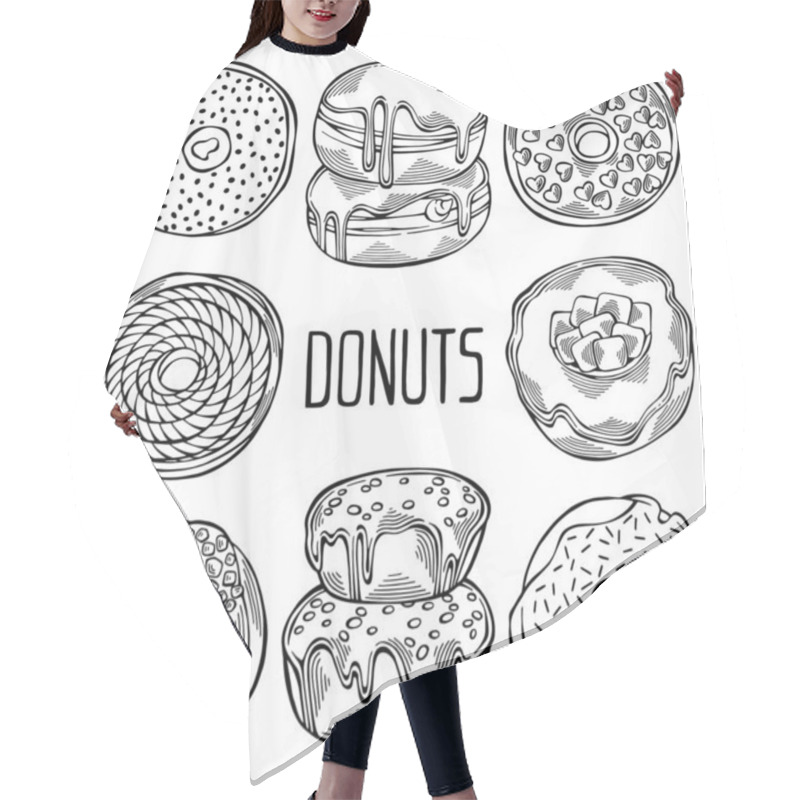 Personality  Hand Drawn Set Of Cartoon Black And White Donuts With Different Sprinkles Isolated On White Background. Pastry For Menu Design, Cafe Decoration And Delivery Box Glazed Cover. Vector Illustration Hair Cutting Cape