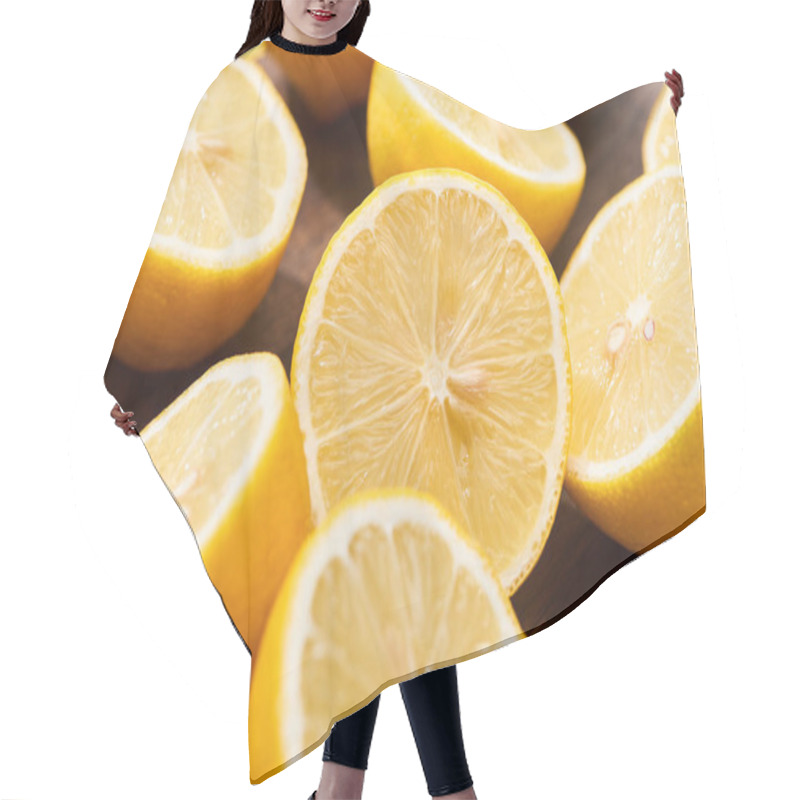 Personality  Close Up View Of Ripe Cut Lemons On Wooden Cutting Board Hair Cutting Cape