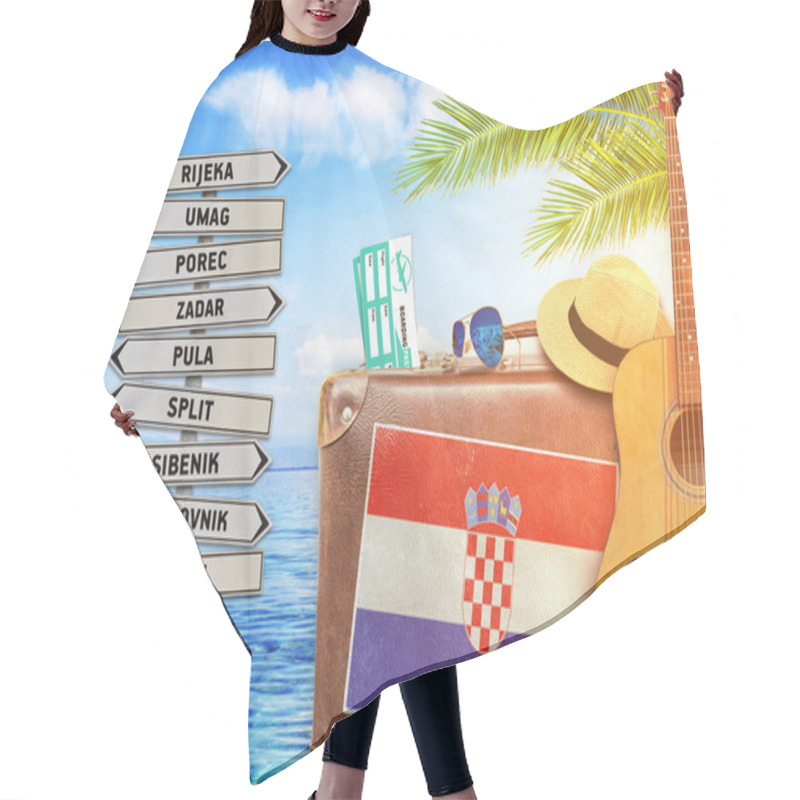 Personality  Concept Of Summer Traveling With Old Suitcase And Croatia With Burning Sun Hair Cutting Cape