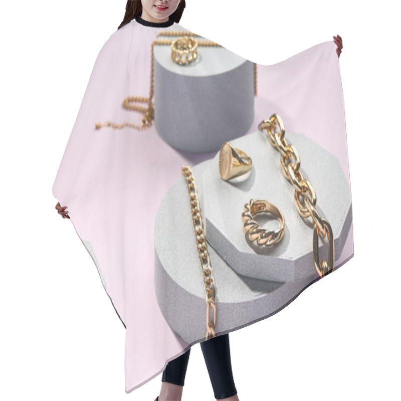 Personality  Decorative Podiums With Beautiful Jewellery On Lilac Background Hair Cutting Cape