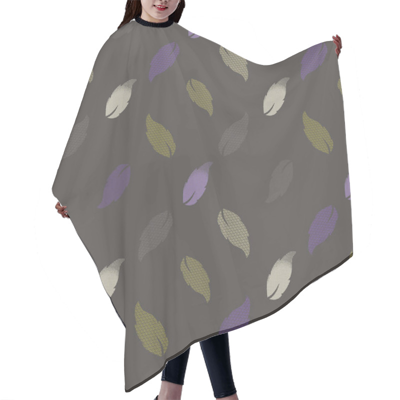 Personality  Seamless Pattern With Patterned Leaves. Complex Illustration Print In Olive Green, Khaki, Purple And Cream. Hair Cutting Cape