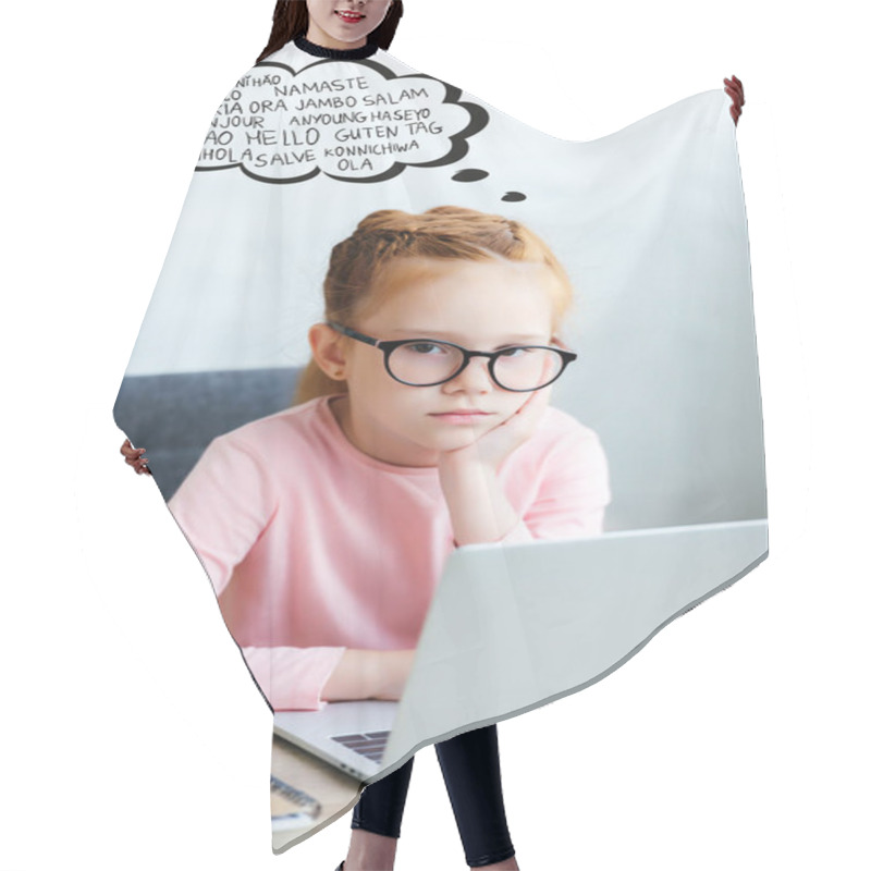 Personality  Bored Little Schoolchild In Eyeglasses Looking At Camera While Srtudying With Laptop, With Words On Different Languages In Speech Bubble Hair Cutting Cape