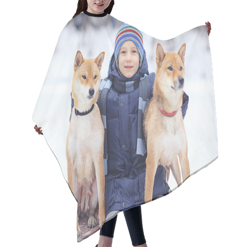 Personality  Little Boy And Two Dogs In Winter Hair Cutting Cape