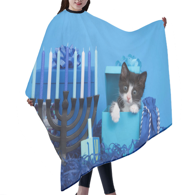 Personality  Adorable Tiny Black And White Tuxedo Kitten Peaking Out Of A Blue Present Box Next To Menorah With Dreidel For Hanukkah. Bright Blue Background. Animal Antics Fun Holiday Theme. Hair Cutting Cape