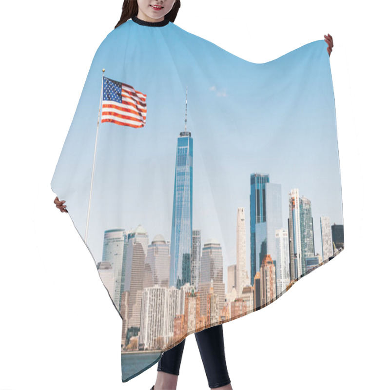 Personality  American National Flag On Sunny Day With New York City Manhattan Island In Background. America Cityscape, Or United States Nation Symbol Concept Hair Cutting Cape