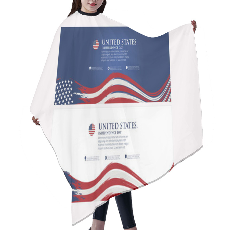 Personality  4th Of July Independence Day Poster, Banner, Flyer, Background, Template, With The Greeting, Usa Flag Waving Ribbon, Bunting Decoration, And American Famous Landmarks In The Background. Hair Cutting Cape