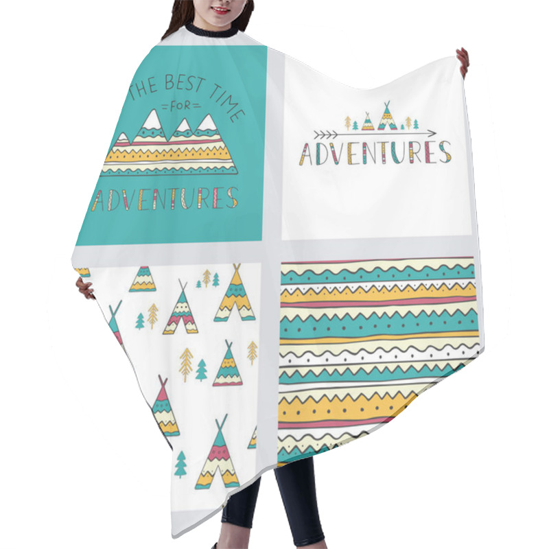 Personality  Set Of Stylish Outdoor Cards Template. It Is The Best Time For Adventure. Hand Drawn Lettering Phrase With Mountain Silhouette, Seamless Backgrounds And Ethnic Elements: Wigwams, Trees And Arrow. Hair Cutting Cape