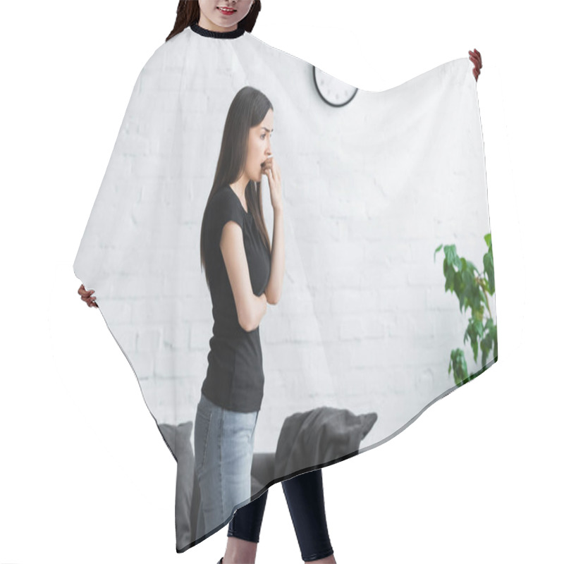 Personality  Worried Young Woman Looking Away While Standing At Home And Holding Hand Near Face Hair Cutting Cape