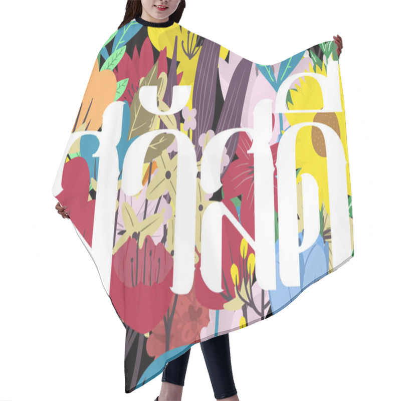 Personality  Greeting In Thai Language Isolated On Colourful Flowers Background. Hair Cutting Cape