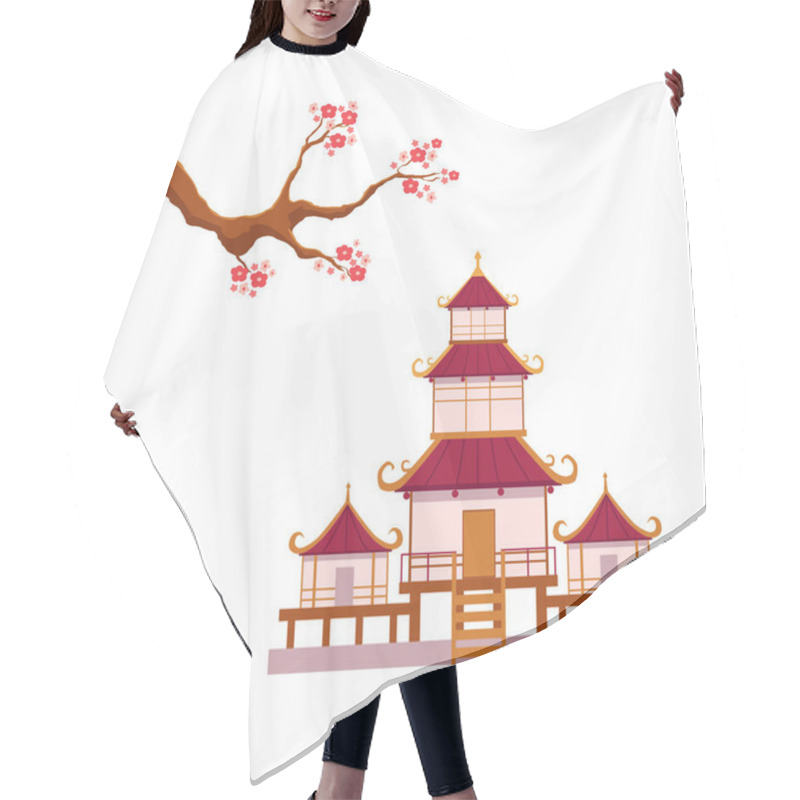 Personality  Blooming Sakura Branch, Pagoda Vector Set Hair Cutting Cape