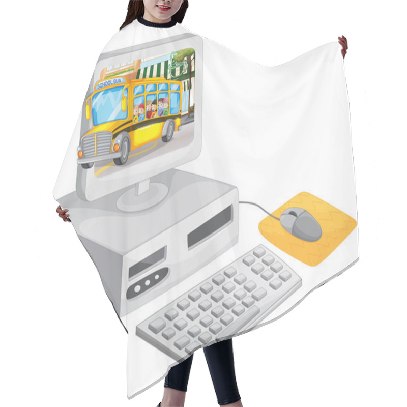 Personality  Computer Screen With Children On Schoolbus Hair Cutting Cape