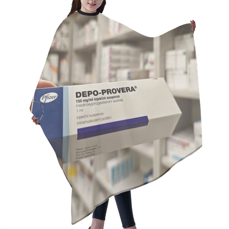 Personality  Prague, Czech Republic - July 9 2024: DEPO-PROVERA Box Of Medication With Medroxyprogesterone Acetate Active Substance By Pfizer, Used For Treatment Of Contraception, Menstrual Disorders, Endometriosi Hair Cutting Cape