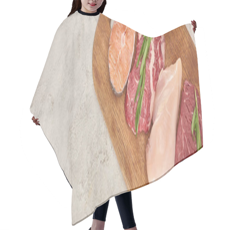 Personality  Panoramic Shot Of Raw Meat, Fish And Poultry With Rosemary Twigs On Wooden Cutting Board On Marble Surface With Copy Space Hair Cutting Cape