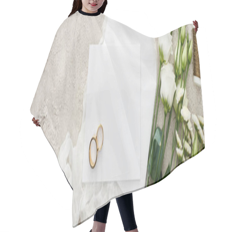 Personality  Panoramic Shot Of Golden Rings On Blank Card Near Envelope On White Cheesecloth And Eustoma Flowers On Textured Surface Hair Cutting Cape