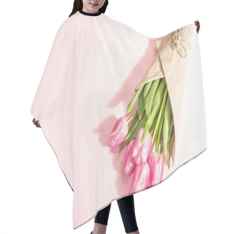 Personality  Fresh Flower Composition, A Bouquet Of Pink Tulips, Isolated On A Rose Background. International Women's, Valentines, Or Mother's Day, Wedding Greeting Concept, Top View Hair Cutting Cape