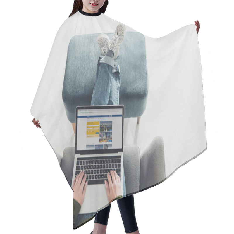 Personality  Cropped View Of Woman Using Laptop With Booking Website On Screen  Hair Cutting Cape