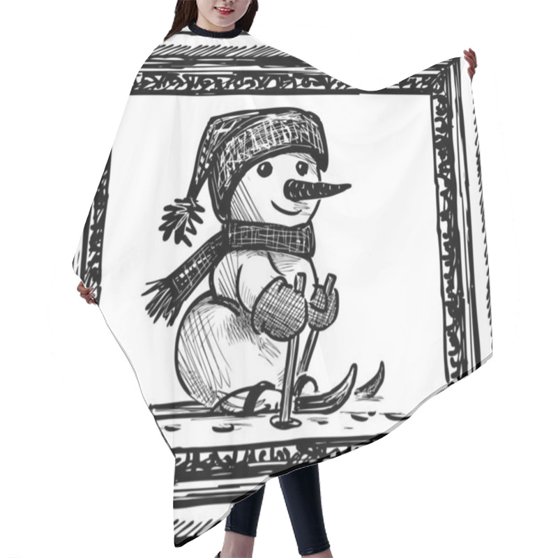 Personality  Sketch Of Cheerful Snowman Skiing In Decorative Picture Frame Hair Cutting Cape