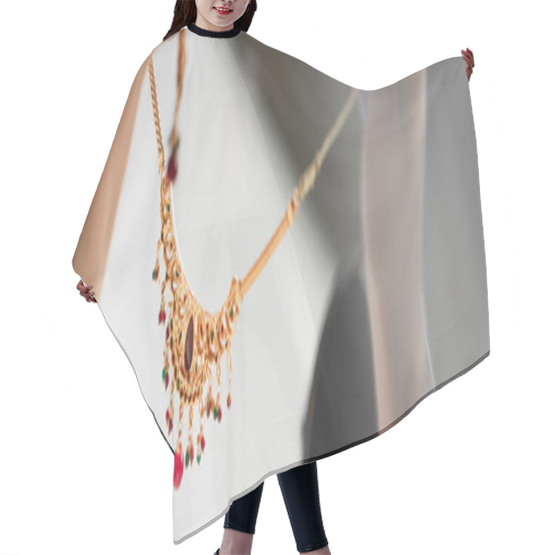 Personality  Cropped View Of Young Bride Holding Necklace On White, Banner Hair Cutting Cape