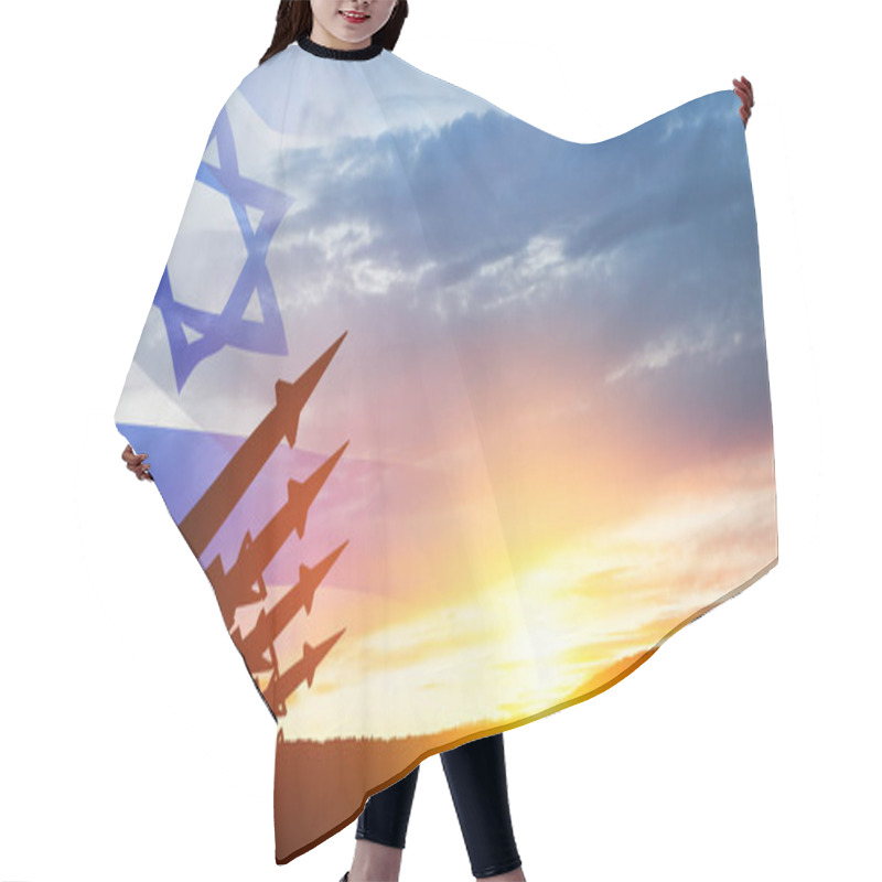 Personality  The Missiles Are Aimed At The Sky At Sunset With Israel Flag. Nuclear Bomb, Chemical Weapons, Missile Defense, A System Of Salvo Fire. Hair Cutting Cape