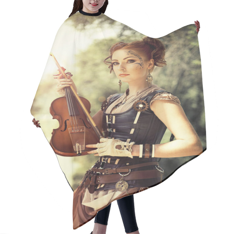 Personality  Beautiful Redhair Woman With Body Art On Her Face Holding Violin Hair Cutting Cape