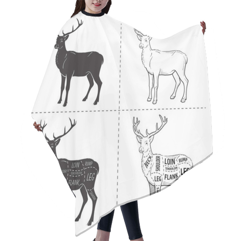 Personality  Deer Meat Cuts With Elements And Names. Isolated Black On White Background. Butcher Shop. Hair Cutting Cape