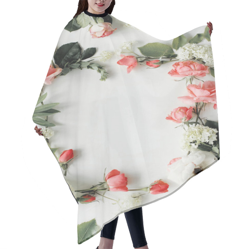 Personality  Flat Lay Frame With Pink And White Roses Hair Cutting Cape