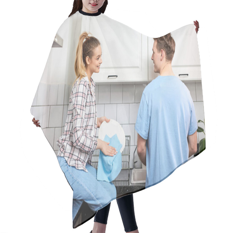 Personality  Positive Caucasian Couple Washing Dishes Together Indoors, Keeping House Tidy Hair Cutting Cape