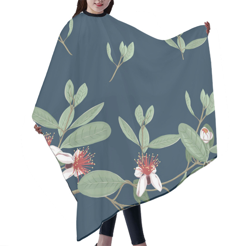 Personality  Seamless Pattern, Background With Floral Pattern With Feijoa Blooming Flowers. Vector Illustration Without Gradients And Transparency.  On Dark Blue Background. Hair Cutting Cape