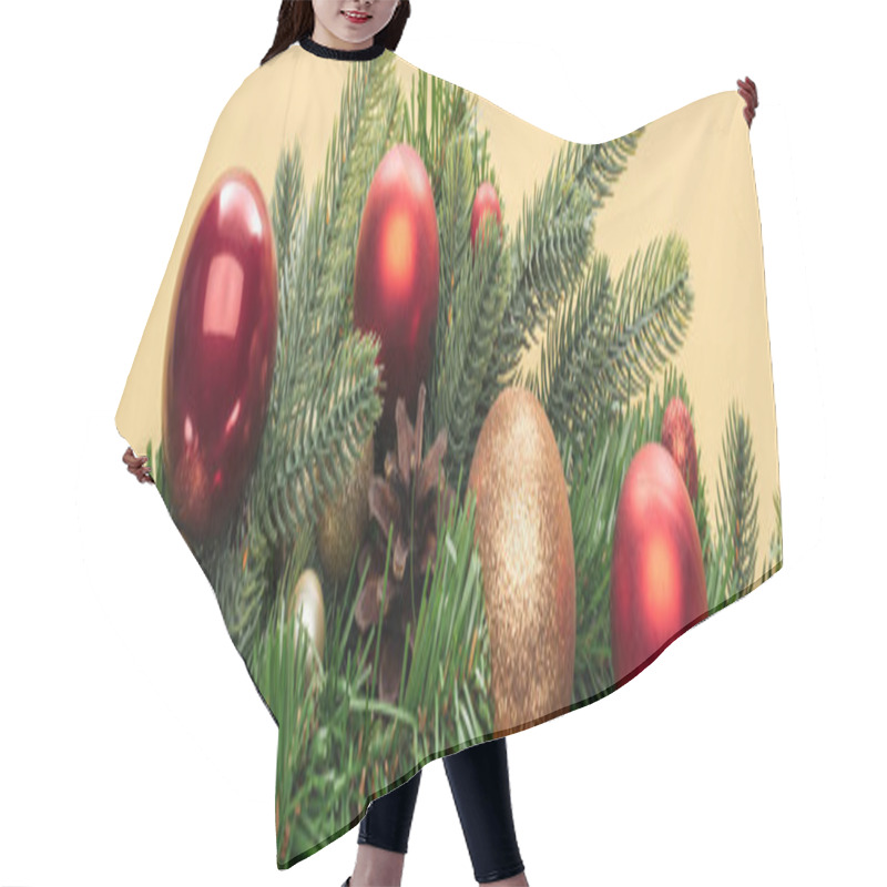 Personality  Top View Of Christmas Tree Branch With Baubles On Yellow Background, Panoramic Shot Hair Cutting Cape