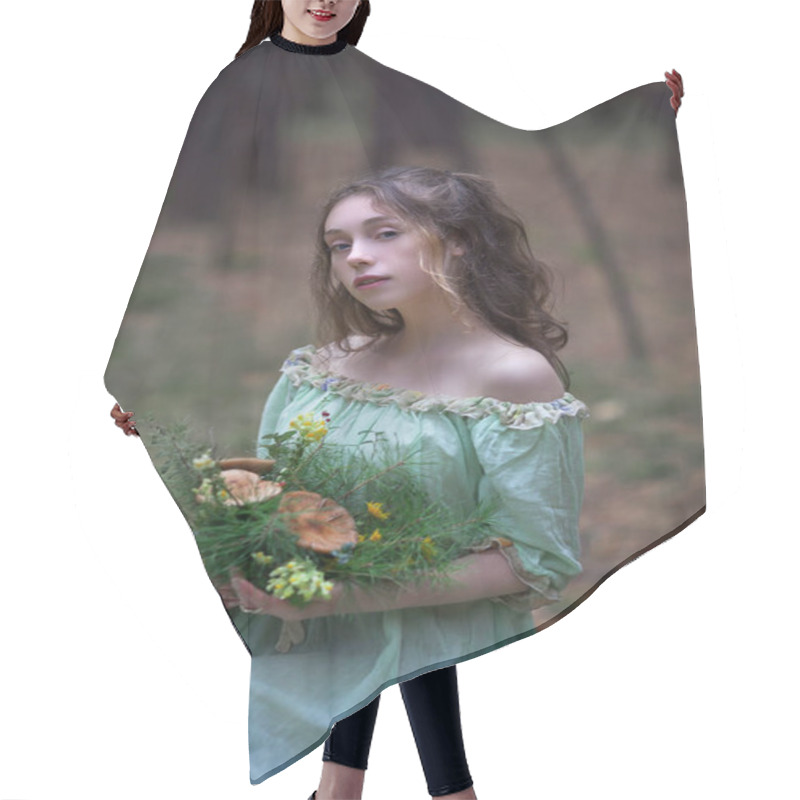 Personality  Fairy Tale About A Fairy In A Magical Forest, A Beautiful Girl In A Green Dress Walks In The Forest With A Bouquet, Mushrooms In A Bouquet Hair Cutting Cape