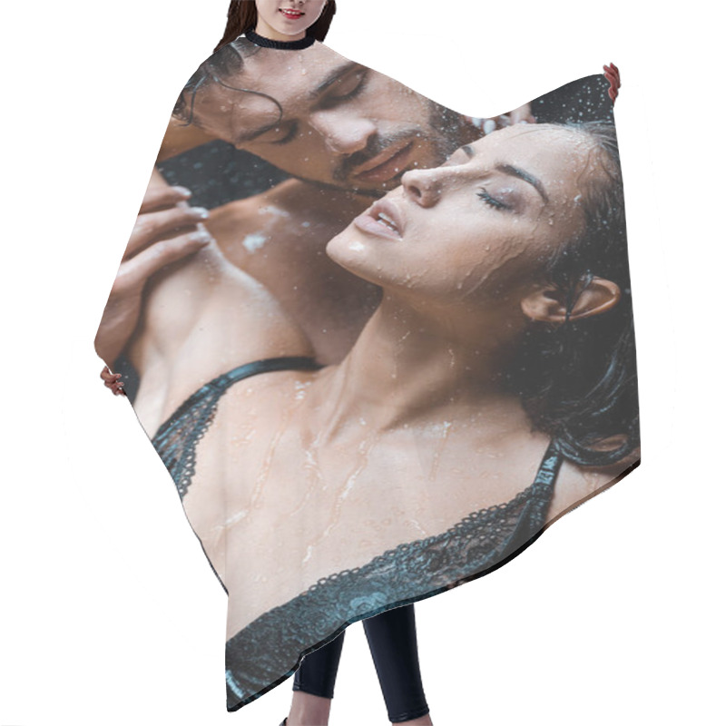 Personality  Selective Focus Of Sexy Man Touching Wet Girlfriend With Closed Eyes Under Raindrops On Black  Hair Cutting Cape