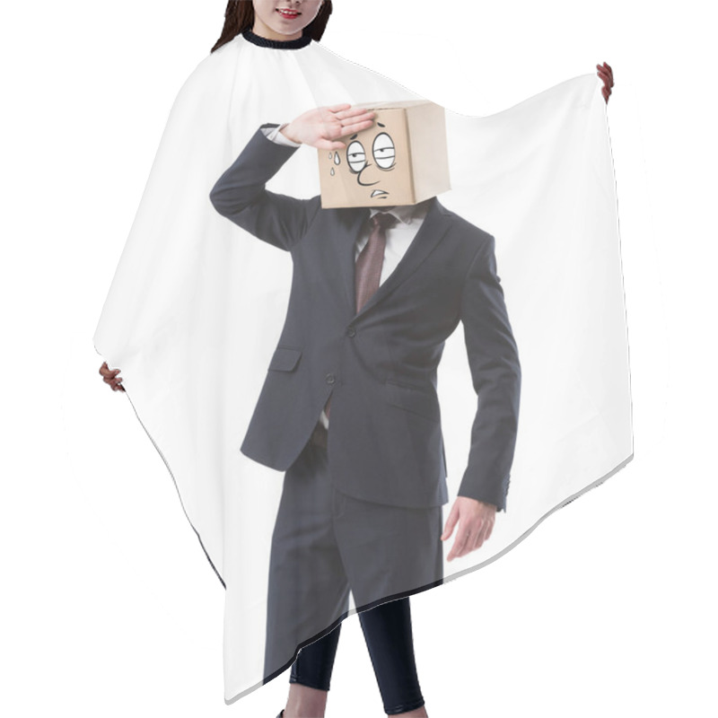 Personality  Tired Businessman With Cardboard Box On Head Wiping Sweat Isolated On White Hair Cutting Cape