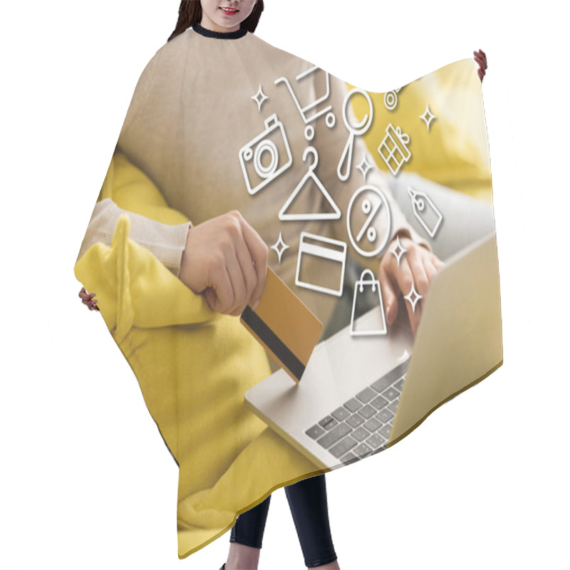 Personality  Cropped View Of Woman Holding Credit Card And Using Laptop Near Illustration Hair Cutting Cape