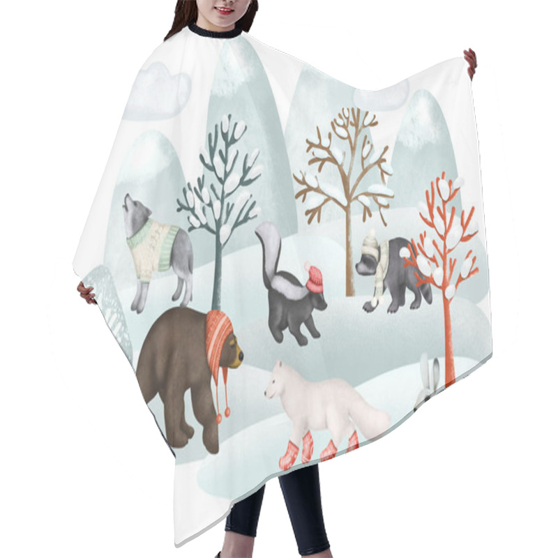 Personality  Illustration Of Woodland Animals In Warm Clothes In Winter Forest Landscape, Forest Cute Characters Illustration On White Background Hair Cutting Cape