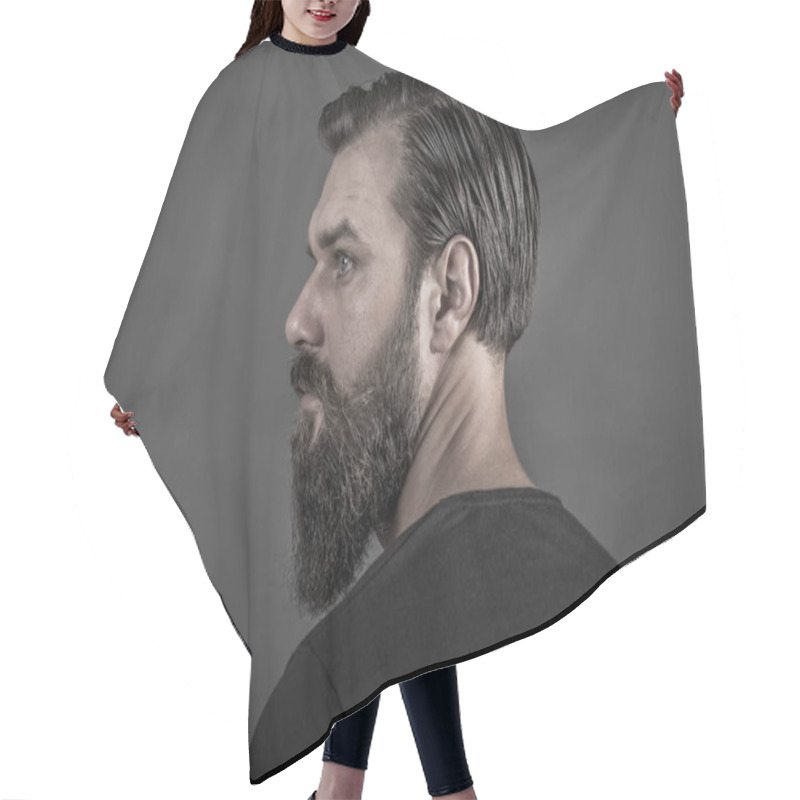 Personality  Studio Shot Of A Handsome Stylish Man With Beard And Mustache Hair Cutting Cape