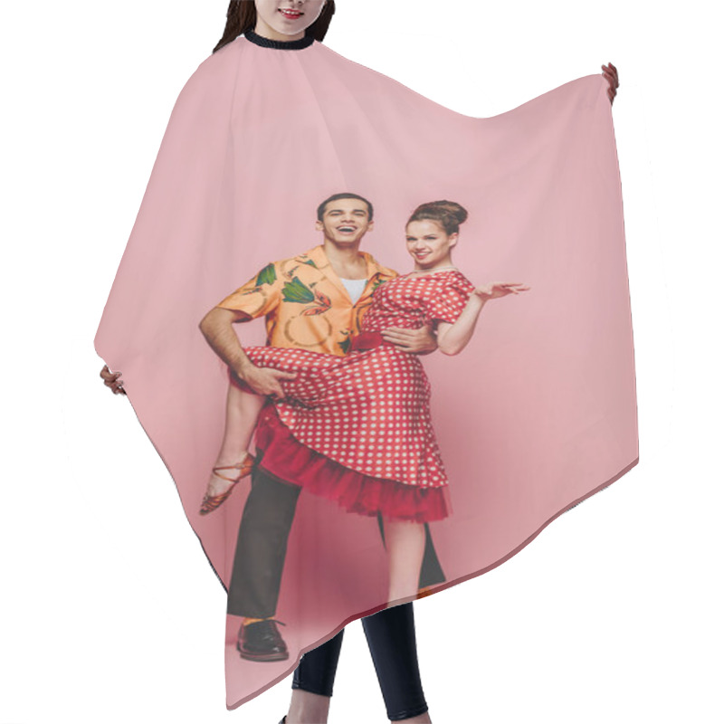 Personality  Smiling Dancer Hugging Partner While Dancing Boogie-woogie On Pink Background Hair Cutting Cape