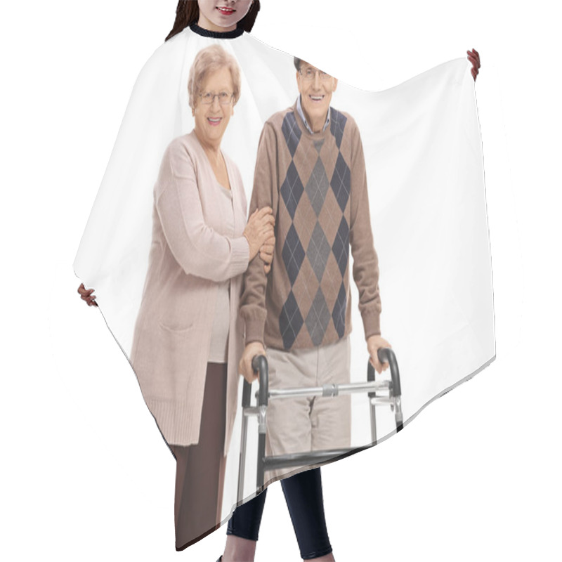 Personality  Elderly Woman And An Elderly Man With A Walker Hair Cutting Cape