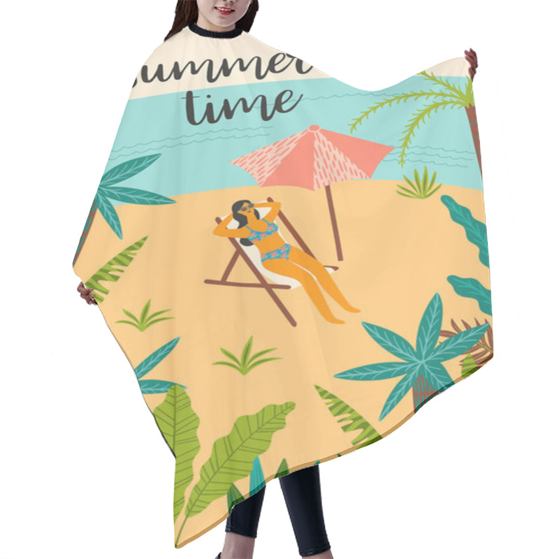 Personality  Vector Illustration Of Tropical Beach And Sea. Design Element Hair Cutting Cape