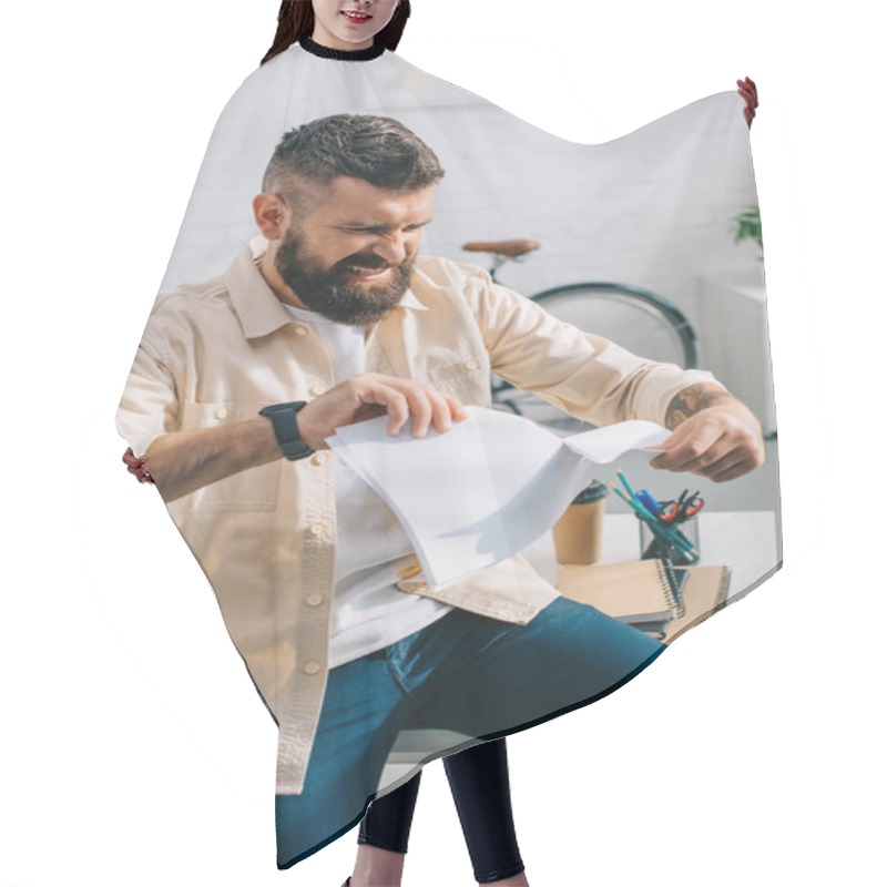 Personality  Aggressive Boss Tearing Papers And Sitting In Modern Office  Hair Cutting Cape