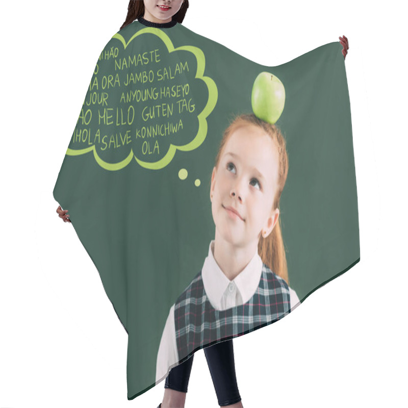 Personality  Pensive Little Red Haired Schoolgirl With Apple On Head Standing Near Chalkboard With Words On Different Languages In Speech Bubble Hair Cutting Cape