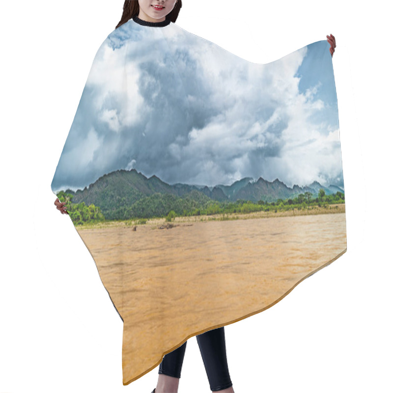 Personality  Heavy Rain Over The Amazon River And Forest, With A Small Boat Navigating The Water Amidst The Storm Hair Cutting Cape